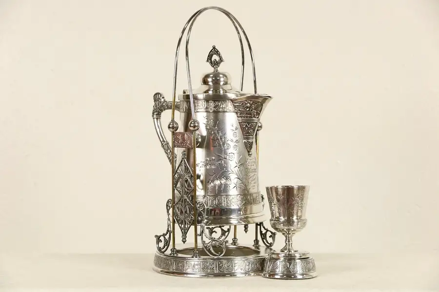 Main image of Pairpoint Victorian Silverplate 1892 Antique Tilting Pitcher or Kettle, Goblet