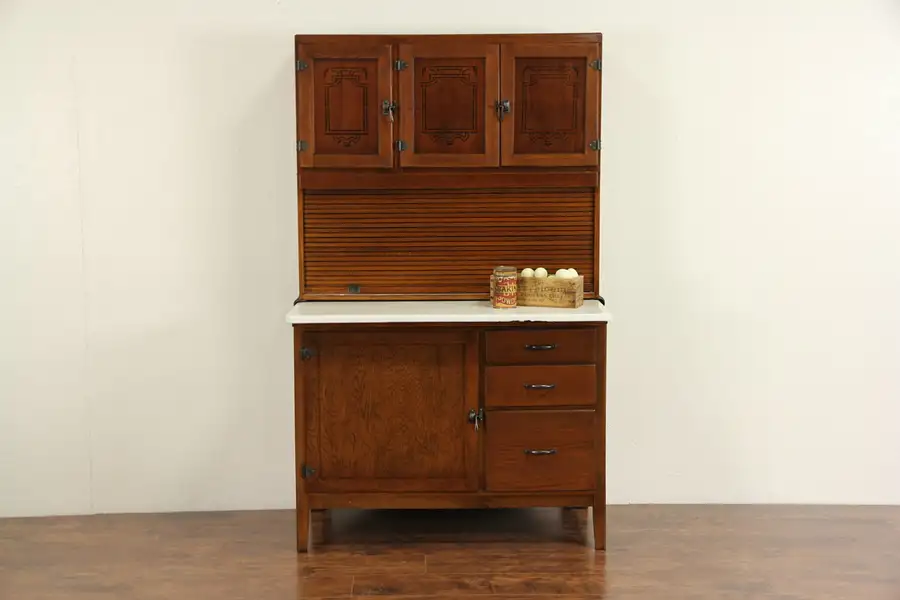 Main image of Hoosier 1915 Antique Oak Roll Top Kitchen Cabinet, Porcelain Top, Flour Sifter
