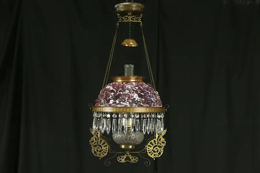 Main image of Victorian 1875 Antique Hanging Kerosene Lamp, End of Day Cranberry Glass Shade
