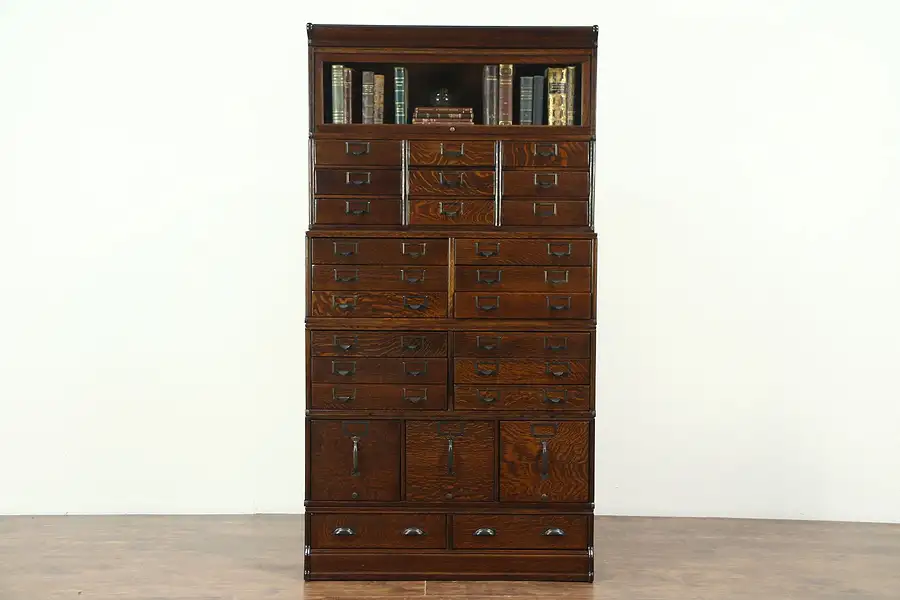 Main image of Oak Antique 1900 Stacking 26 Drawer Library or Office File Cabinet & Bookcase