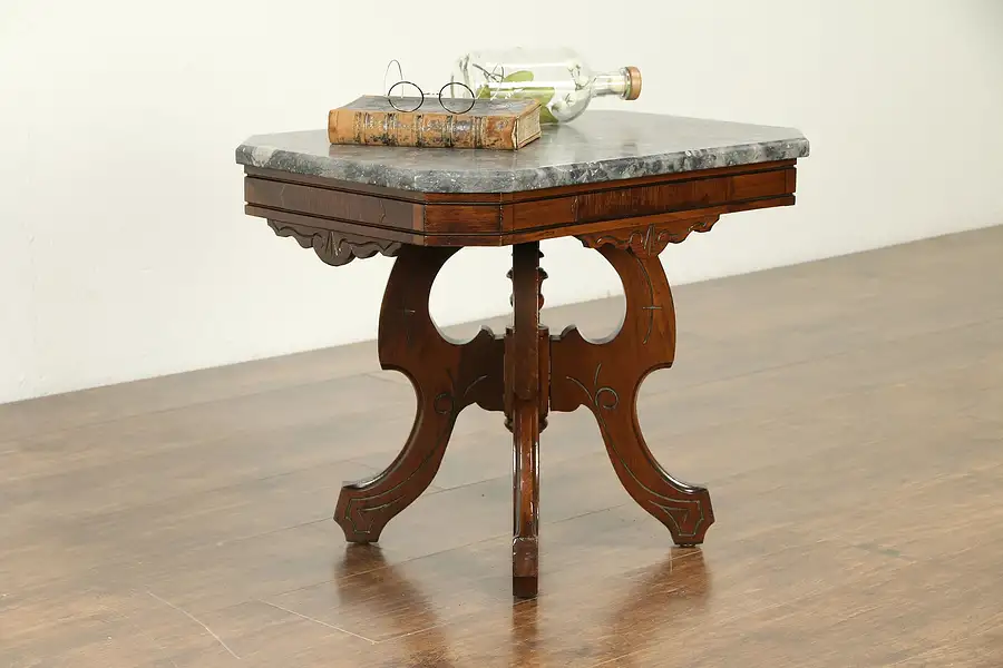 Main image of Victorian Antique 1880 Walnut Coffee Table, Gray Fossil Marble