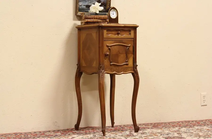Main image of Carved French Walnut Antique 1900 Marble Top Nightstand