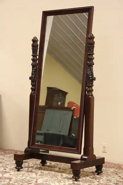 Main image of Empire 1900 Antique Carved Mahogany Cheval Swivel Dressing Mirror