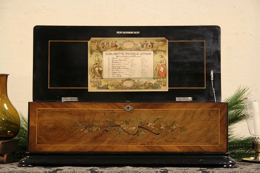 Main image of Swiss 1890's Antique Music Box,10 Tunes, Rosewood Marquetry Case