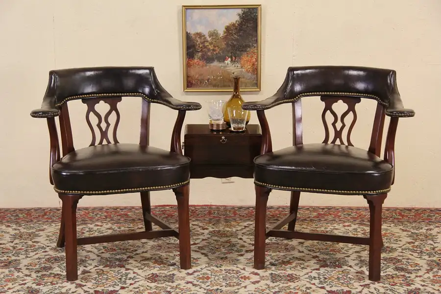 Main image of Pair of Hickory Bank of London Chairs, Leather & Mahogany
