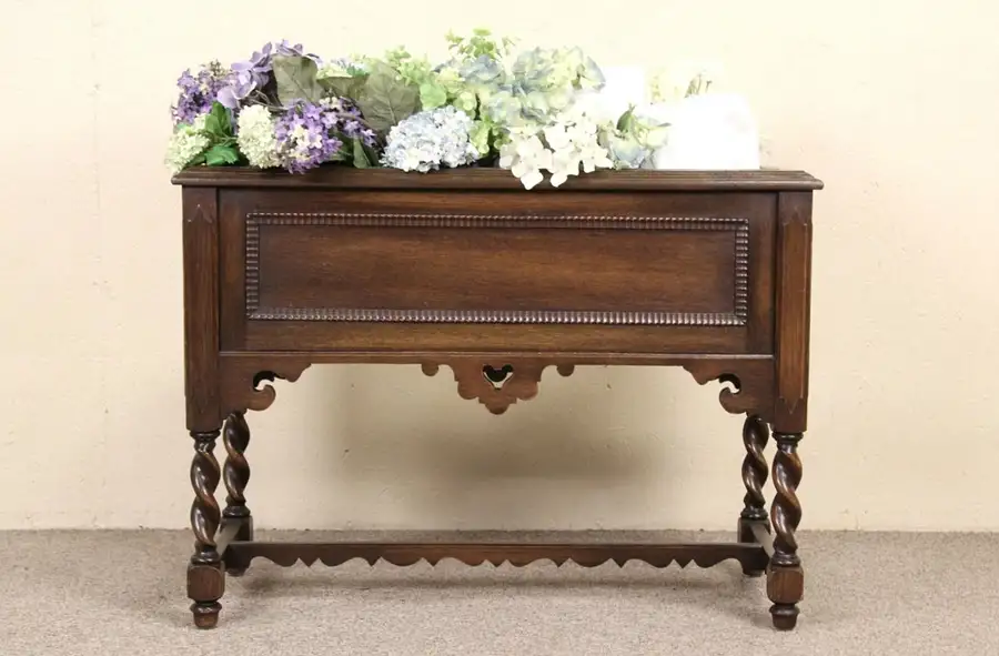 Main image of English Tudor 1910 Antique Oak Planter, Spiral Legs, Zinc Liner