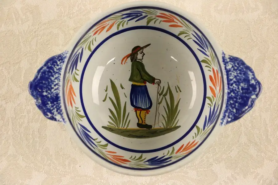 Main image of Henriot Quimper Signed Porridge Bowl with Handles, Hand Painted France