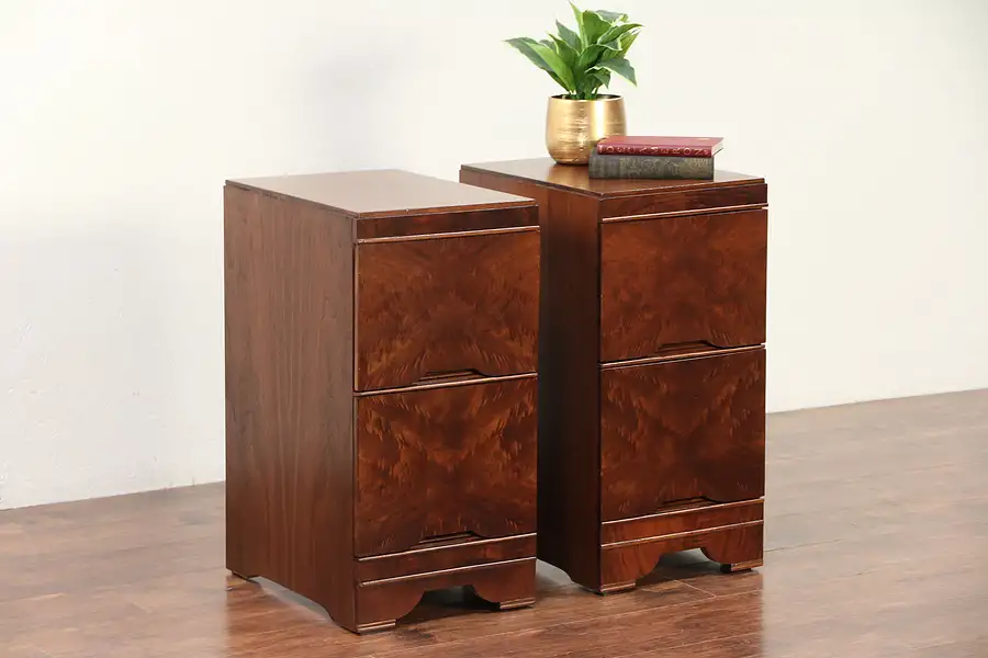 Main image of Pair Midcentury Modern Walnut & Burl 1960 Vintage Nightstands