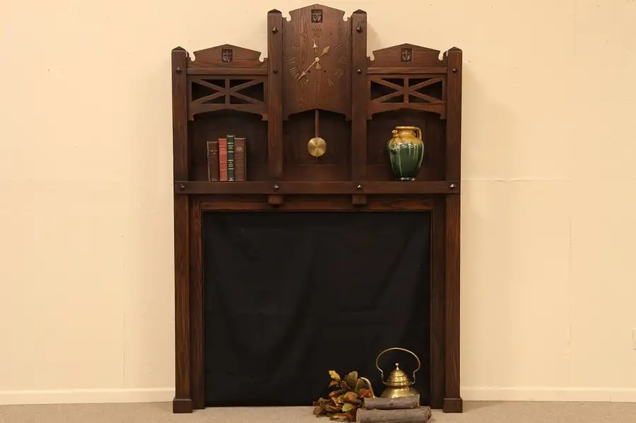 Main image of Arts & Crafts Mission Oak Fireplace Mantel & Clock