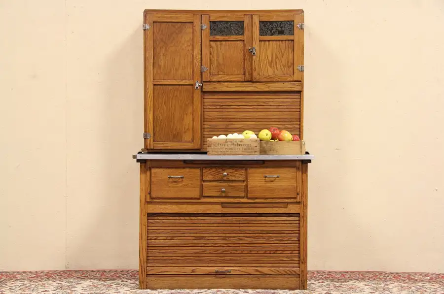 Main image of Hoosier Oak 1916 Antique Kitchen Cupboard, 2 Roll Tops