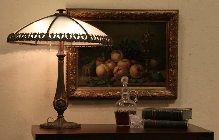 Main image of Lamp with Optic Curved Glass Shade and Original Painting, 1915