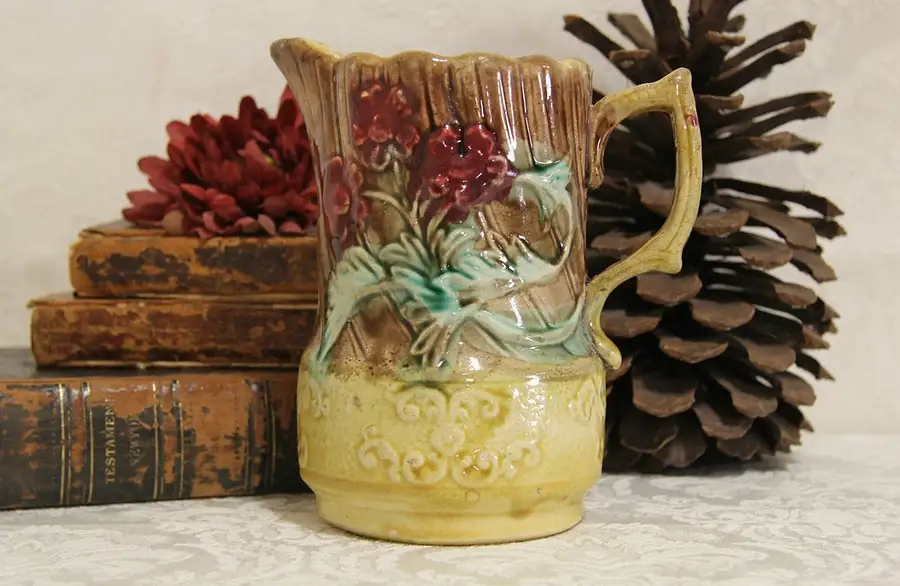 Main image of Majolica 1880 Antique Hand Painted Pottery Pitcher