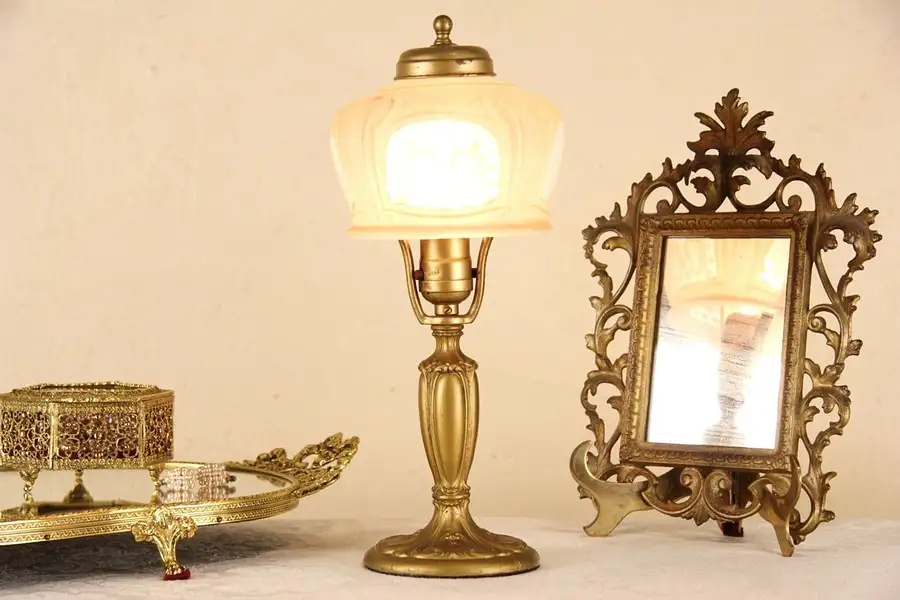 Main image of Boudoir Lamp, 1920 Antique, Etched Glass Shade