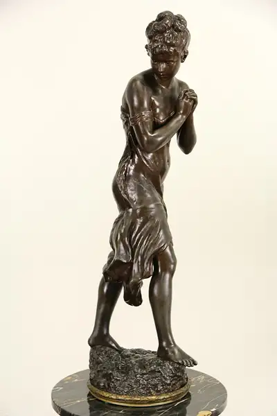 Main image of H. Moreau Signed 1900 Antique Statue, French Sculpture of a Young Woman