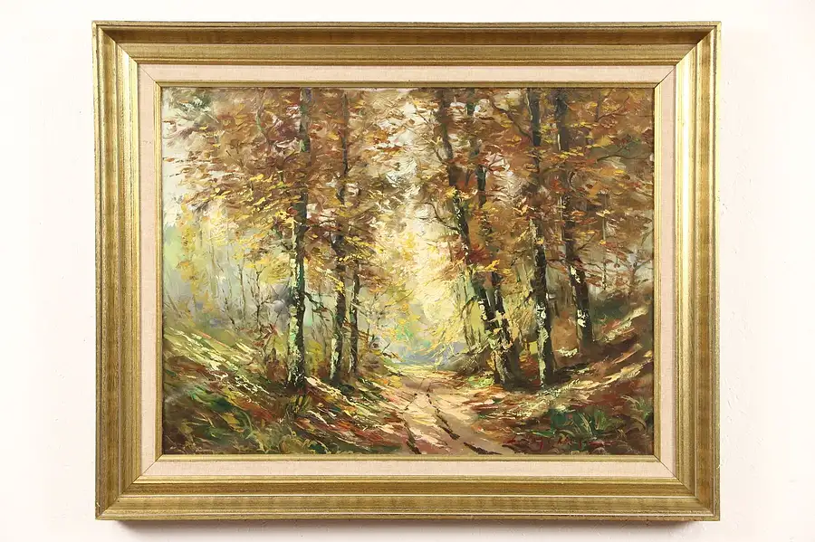 Main image of Autumn Forest Path, Original Scandinavian Oil Painting, 1950's Vintage, Signed