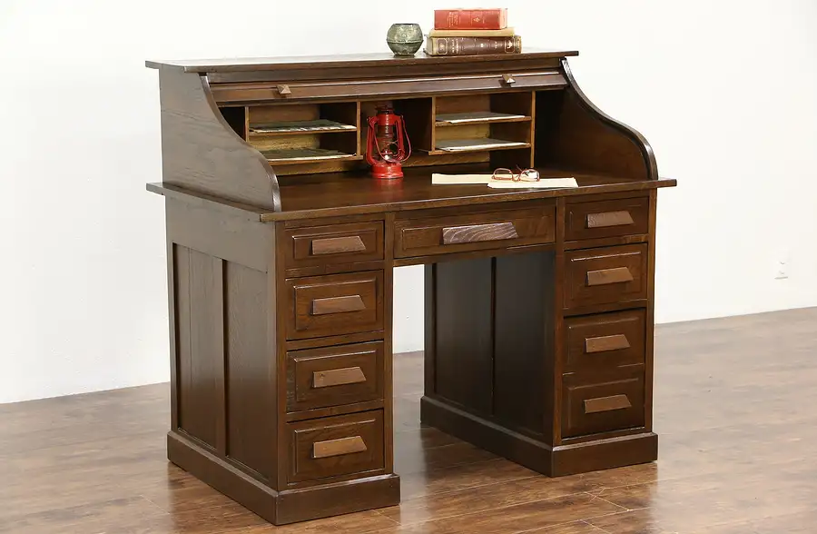 Main image of Rolltop 1910 Antique Solid Oak Desk, File Drawer, Made in Germany