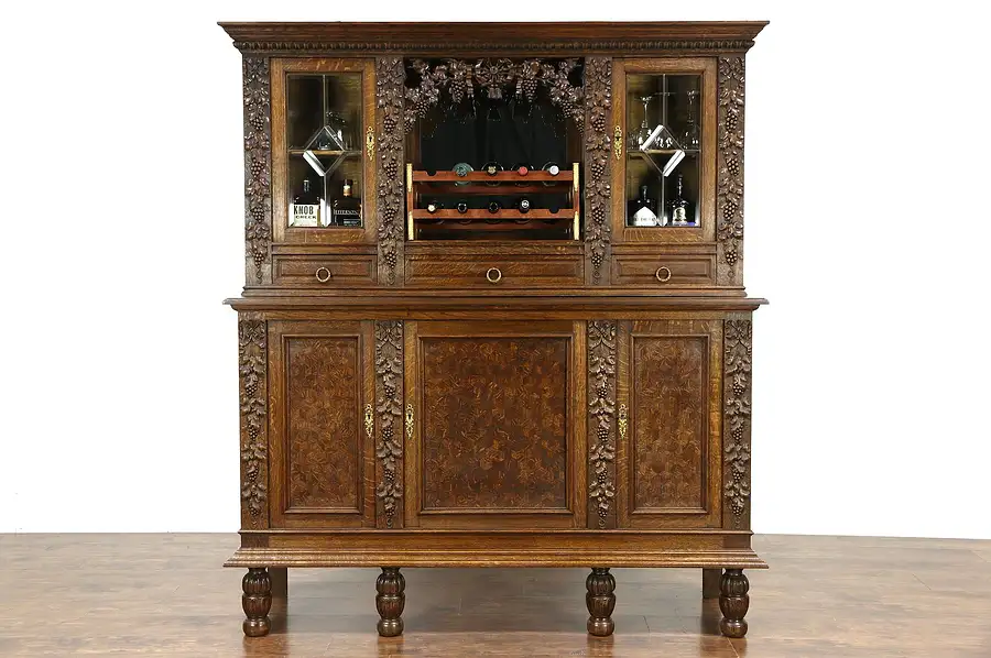 Main image of French Oak 1900 Antique Wine Cabinet , Back Bar, Sideboard, Carved Grapevines