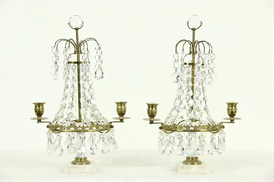 Main image of Pair 1900 Antique Candelabra, Marble, Brass & Crystal Candleholders