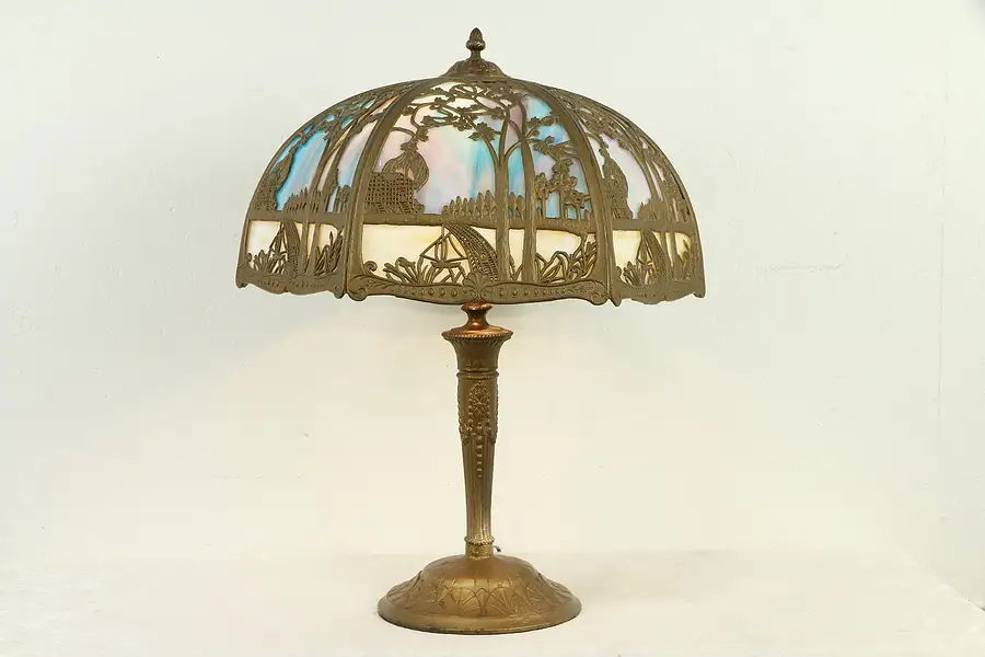 Main image of Stained Glass 2 Color Curved Panel Shade Antique Lamp, Filigree