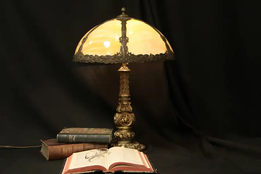 Main image of Stained Opal Panel Glass 1920's Table Lamp