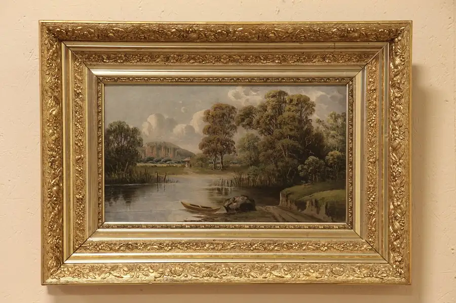 Main image of House on Pond & Boat Painting, 1900 Oil on Canvas