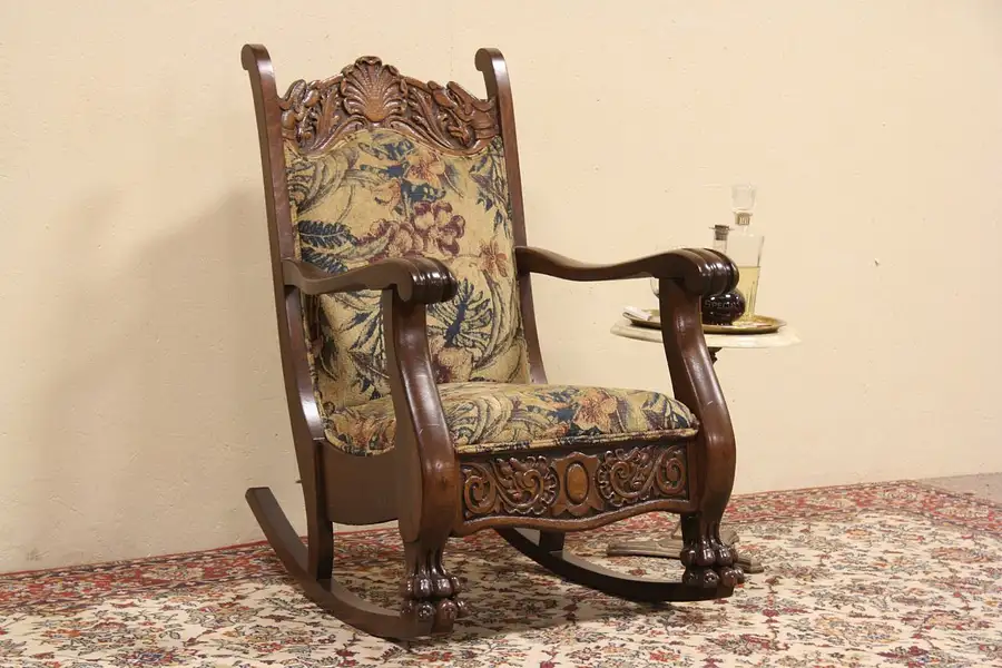 Main image of Oak Carved Griffin Lion Paw Antique 1900 Rocker