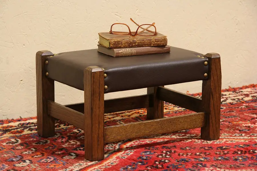 Main image of Arts & Crafts Mission Oak Brown Leather Footstool