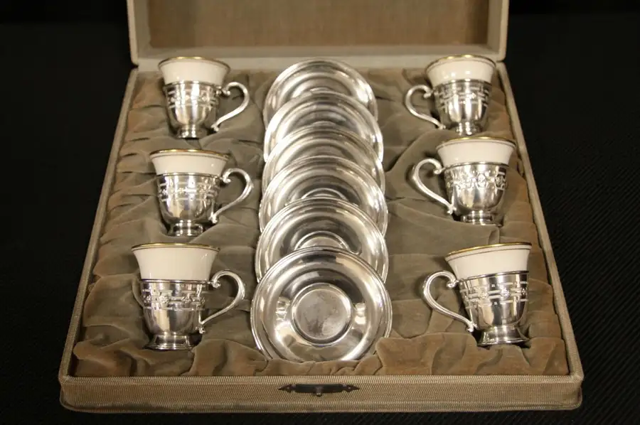 Main image of Set of 6 Sterling Silver Espresso Coffee Cups & Saucers, Lenox Liners