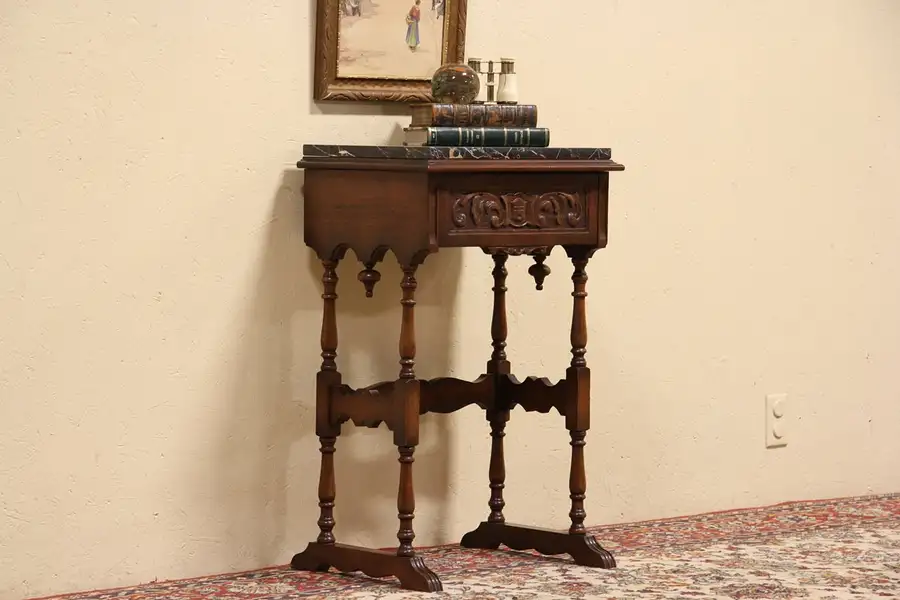 Main image of Black Marble Top 1925 Carved Nightstand or Lamp Table