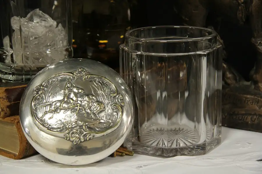 Main image of Art Nouveau 1890 Cigar Humidor Jar, Buffalo Hunt Scene, Silverplate & Cut Glass