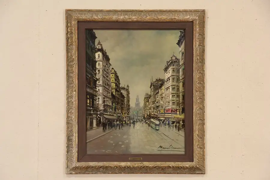 Main image of Moreno Signed 1950 Vintage Oil Painting, Paris Street Scene