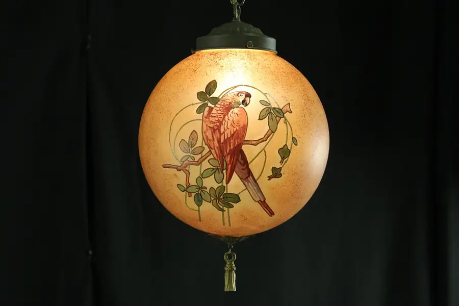 Main image of Parrot Hand Painted Glass Globe 1920's Vintage Light Fixture