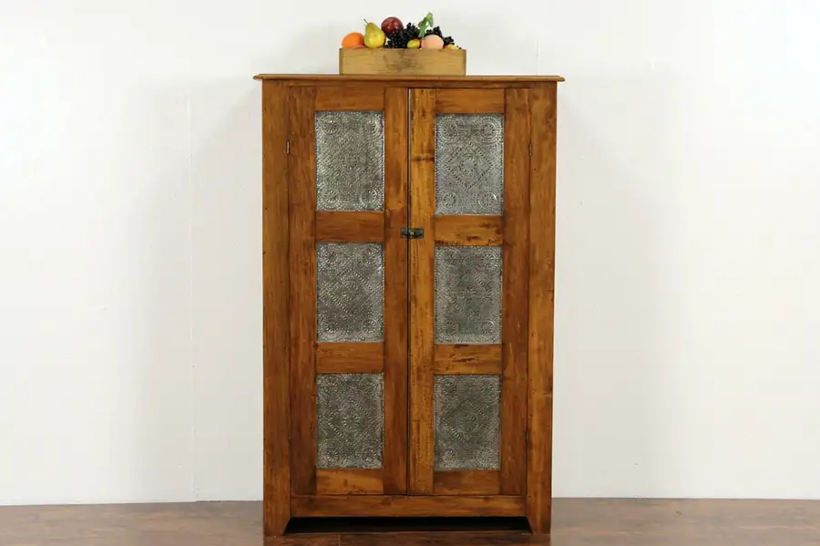 Main image of Country Pine Pie Safe Pantry Cupboard, 1870 Antique, Punched Tin Panels