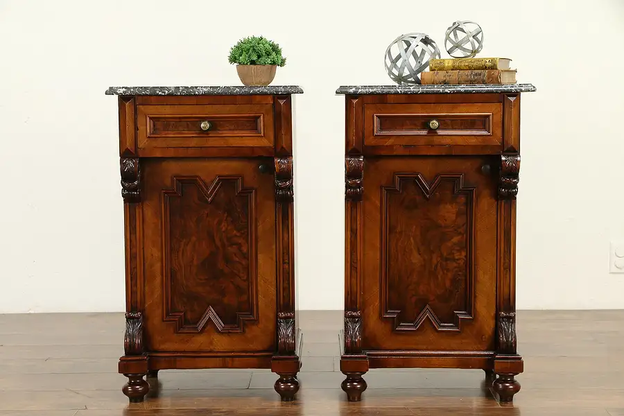 Main image of Pair Italian Antique Walnut & Burl Nightstands or End Tables, MarbleTops