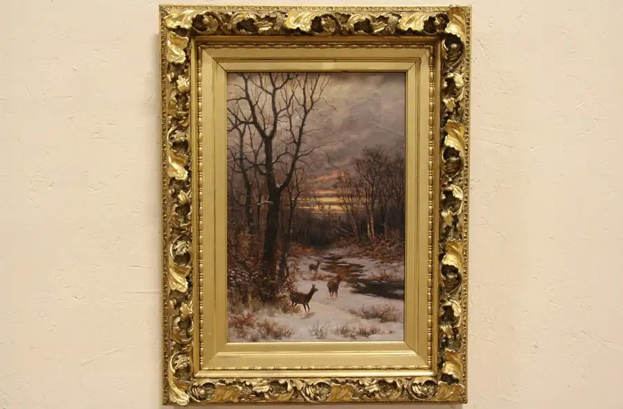 Main image of Deer at a Stream, Original 1890 Oil Painting on Canvas