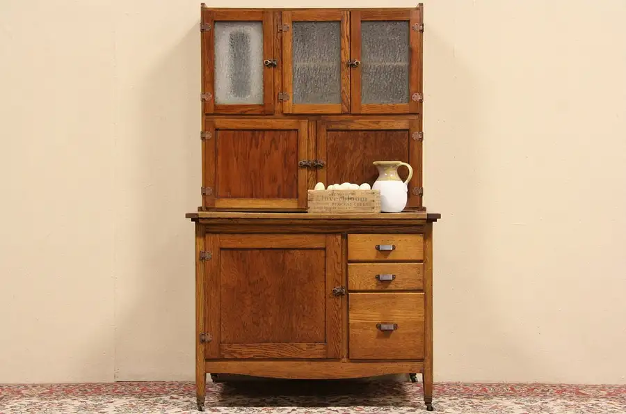 Main image of Oak Antique 1915 Hoosier Kitchen Cabinet, Original Ice Glass Doors