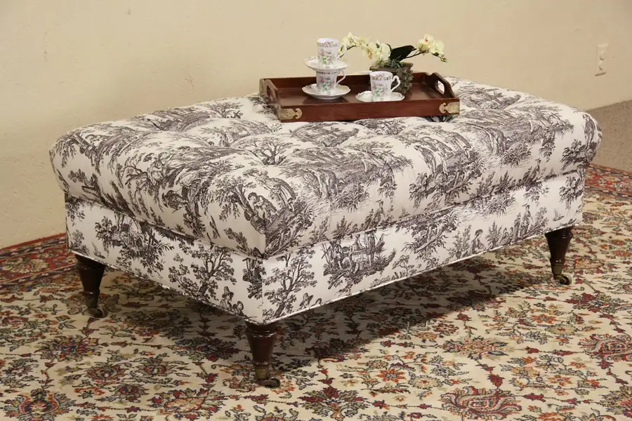 Main image of Toile Oversize Ottoman or Hassock, Brass Wheels