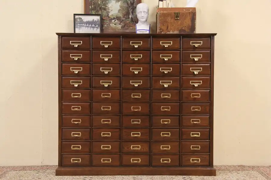 Main image of Oak 1900 Antique 50 Drawer File Cabinet, Brass Pulls