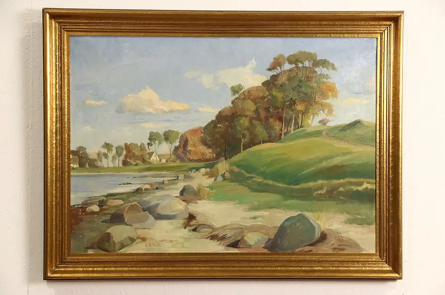 Main image of Beach Scene, Original Scandinavian 1920's Antique Oil Painting, Signed Dahl