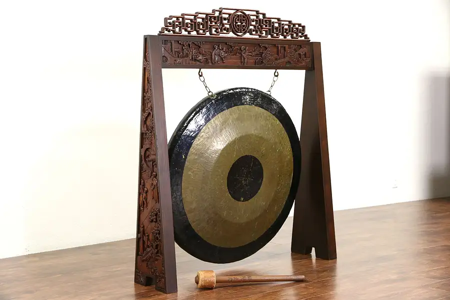 Main image of Chinese Antique 1900 Bronze Ceremonial Gong & Hand Carved Stand