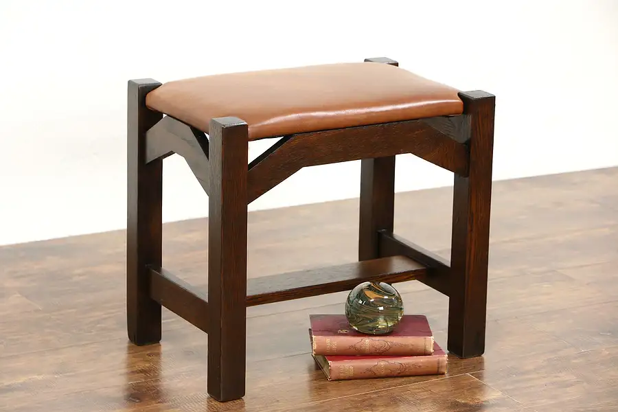 Main image of Arts & Crafts Mission Oak 1905 Craftsman Leather Footstool or Bench