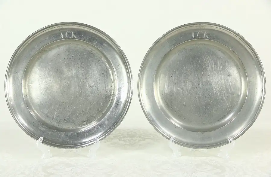 Main image of Pair Antique Pewter Plates, Angel Hallmark, ICK Monogram