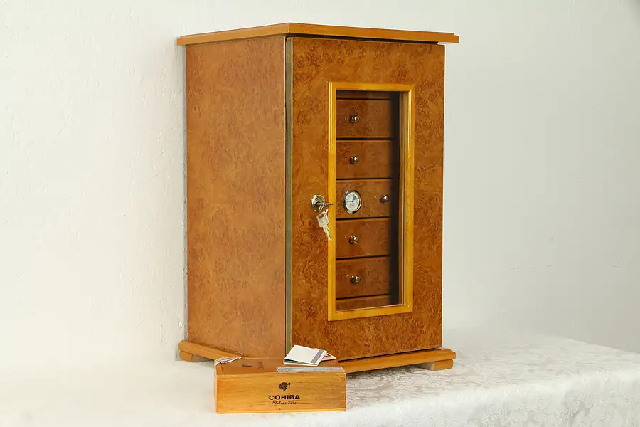 Main image of Cigar Humidor Tabletop Cabinet, 7 Drawers, Humidity Gauge, Elm Burl
