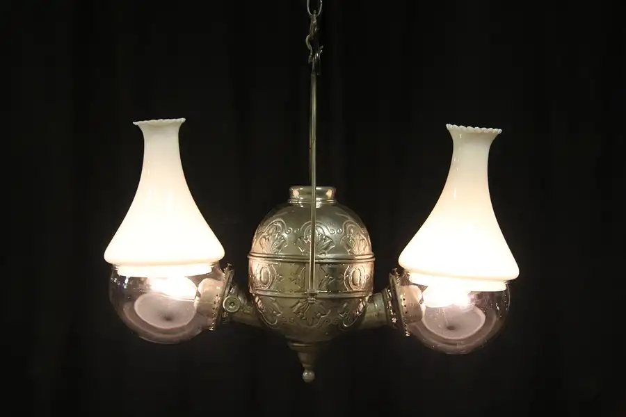 Main image of Angle NY 1890's Double Kerosene Hanging Lamp, Electrified