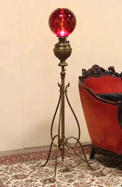 Main image of Bradley & Hubbard Victorian 1880 Piano Lamp, Ruby Red Glass Shade