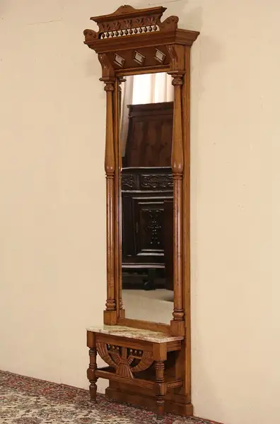 Main image of Victorian Oak 1880 Pier or Hall Mirror, Onyx Shelf
