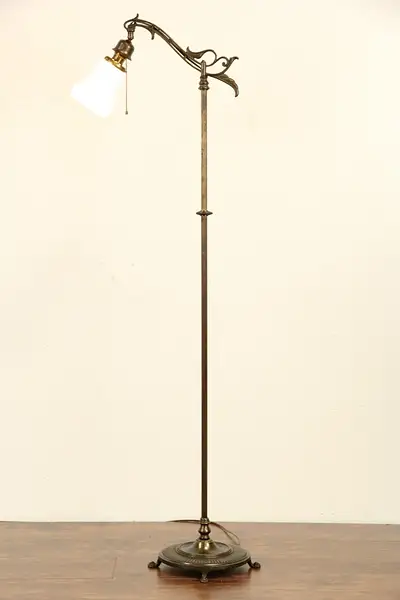 Main image of Bridge Floor Reading Lamp, 1915 Antique, Etched Milk Glass Shade