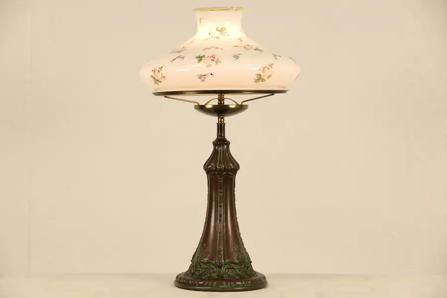 Main image of Table Lamp, 1915 Antique, Hand Painted Milk Glass Shade