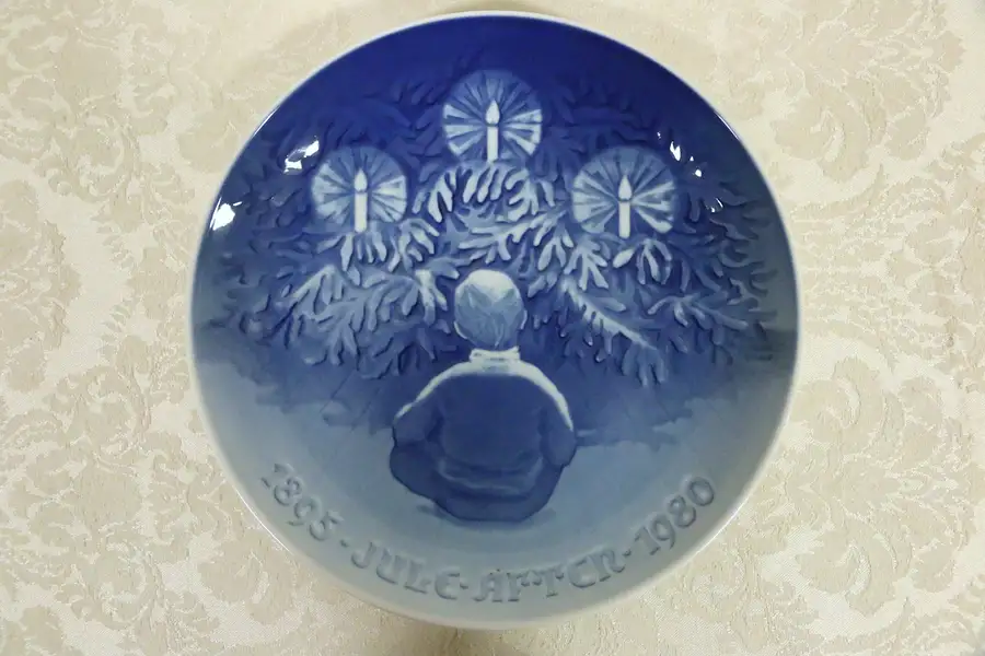 Main image of Bing & Grondahl 1980 Boy Sitting by Tree Christmas 9" Blue Plate B & G Denmark