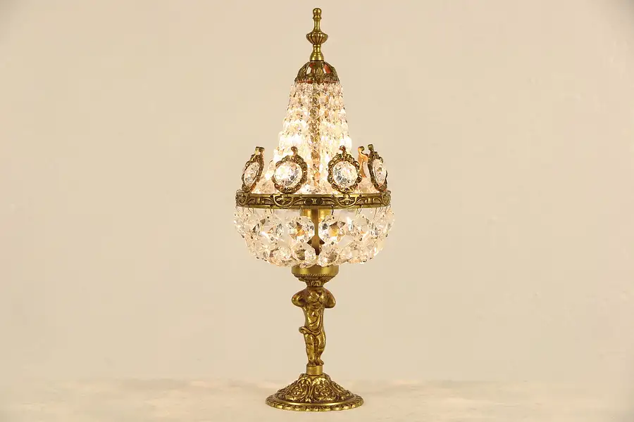 Main image of Angel or Cherub Brass Vintage Lamp, European Crystal Prisms